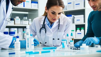 Medical professionals collaborating with various medical supplies and devices. Medical professionals collaborating with various medical supplies and devices.