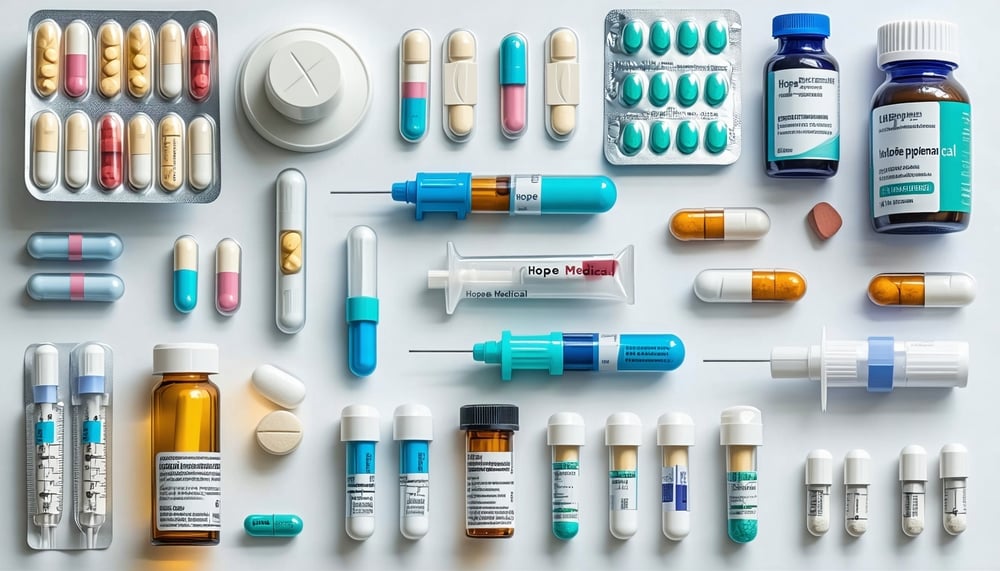 A collection of pharmaceuticals, medical devices, and consumables representing Hope Medical's comprehensive offerings A collection of pharmaceuticals, medical devices, and consumables representing Hope Medical's comprehensive offerings